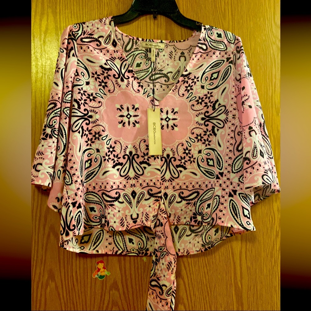 BCBG Generation Pink Paisley Crop Top w/Tie